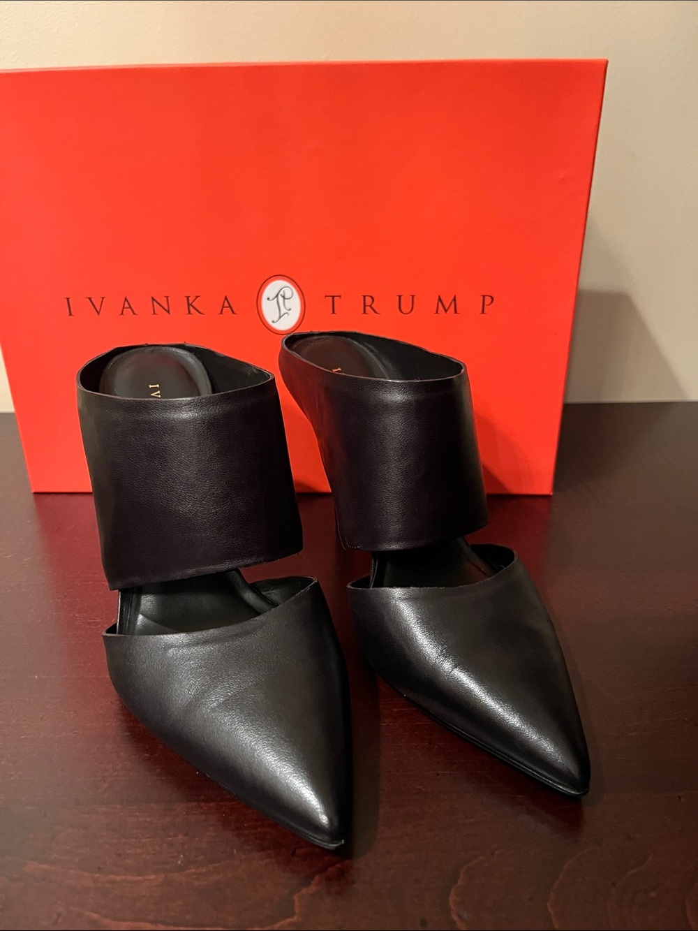 Ivanka Trump Black Pointed-Toe Leather High-Cuff Mules
